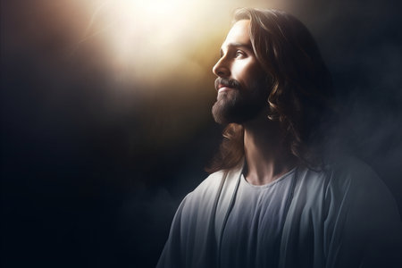jesus looking up at the sun in a dark backgroundの素材