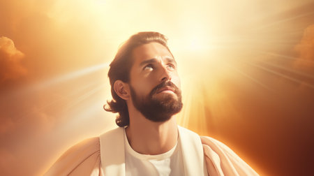 jesus looking up at the sun in the skyの素材