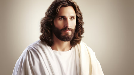 jesus is wearing a white robe and has long hairの素材