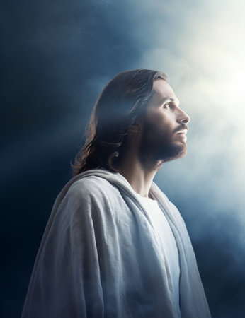 jesus looking up at the sun in the skyの素材