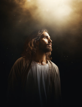 jesus looking up at the sun in the skyの素材