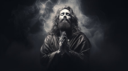 jesus praying in the dark with smoke coming out of his handsの素材
