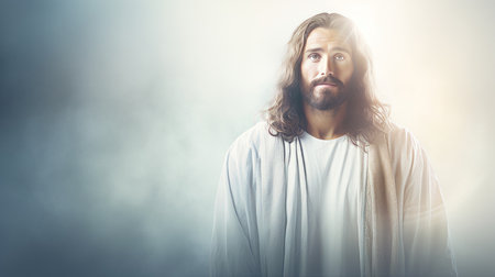 jesus standing in front of a blue backgroundの素材