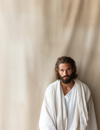 jesus standing in front of a beige wallの素材
