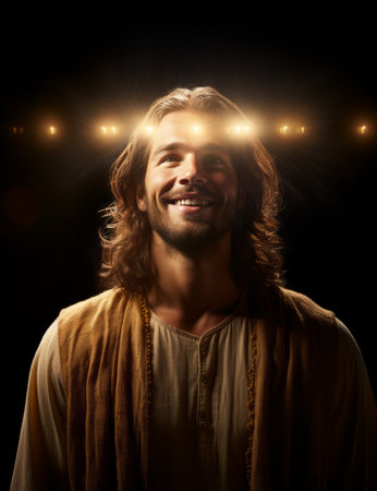 jesus smiling with bright lights on his headの素材