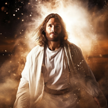 jesus standing in front of a bright lightの素材