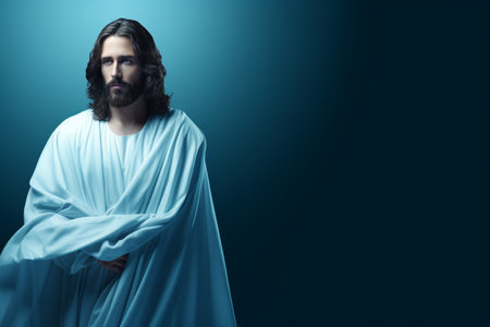 jesus standing in front of a blue backgroundの素材