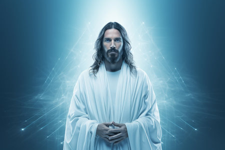 jesus standing in front of a blue backgroundの素材