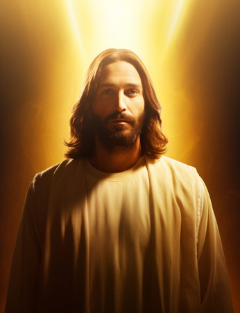 jesus standing in front of a bright lightの素材