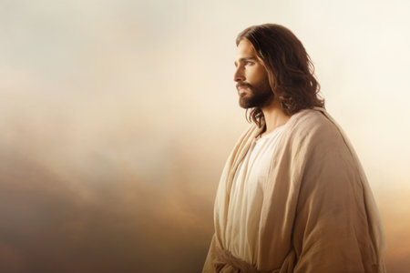 jesus standing in front of a cloudy skyの素材