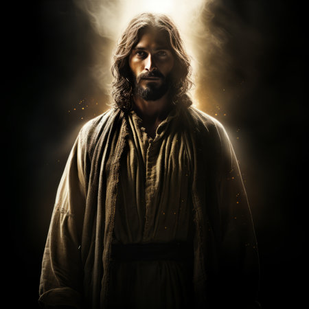 jesus standing in front of a dark background with smoke coming out of his handsの素材