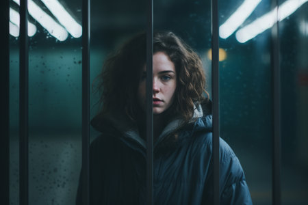 a young woman standing in front of bars in a dark roomの素材
