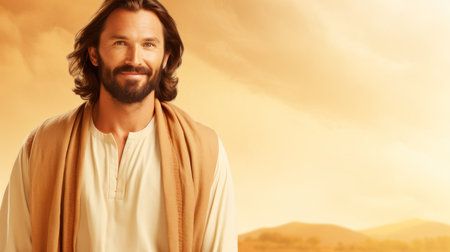jesus standing in front of a field with mountains in the backgroundの素材