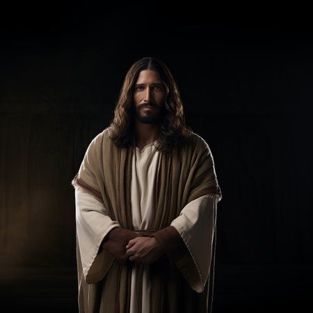 jesus standing in front of a dark backgroundの素材