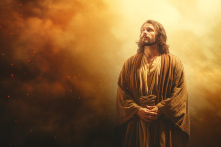 jesus standing in front of a fireの素材