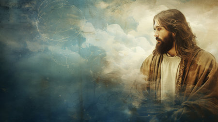 jesus is standing in front of clouds and cloudsの素材