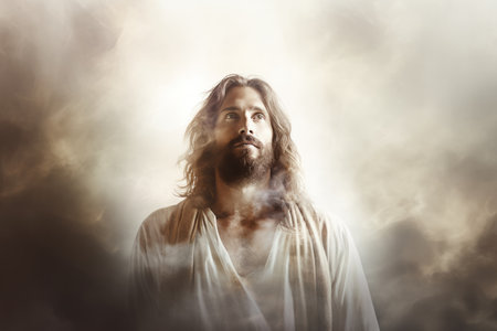 jesus is standing in front of clouds with smoke coming out of his mouthの素材