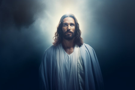 jesus standing in front of a dark backgroundの素材