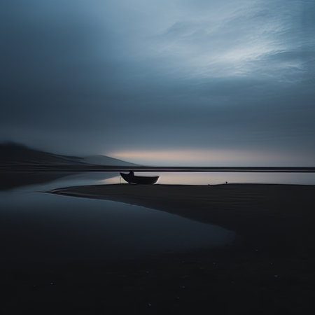 a boat is sitting on the beach at duskの素材