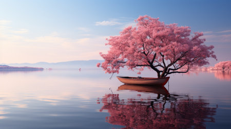 a boat is sitting on the water next to a pink treeの素材