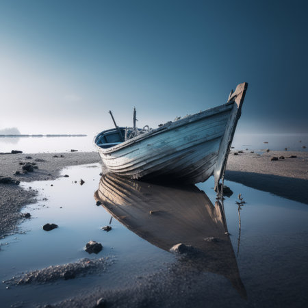 a boat is sitting on the shore of a body of waterの素材
