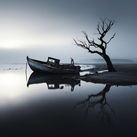 a boat is sitting on the shore next to a treeの素材