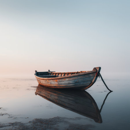 a boat is sitting on the shore of a body of waterの素材