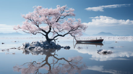 a boat is in the middle of a lake with a pink treeの素材