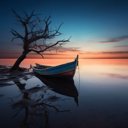 a boat sits on the shore of a lake at sunsetの素材