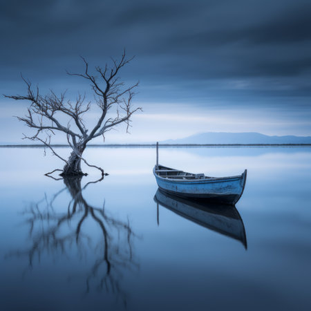 a boat is sitting on the water next to a dead treeの素材