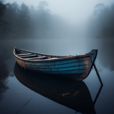 a boat on a lake in the fogの素材