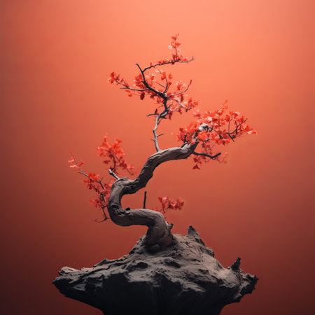 a bonsai tree on a rock in front of an orange backgroundの素材