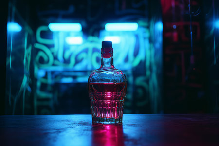 a bottle of alcohol sitting on a table with neon lightsの素材