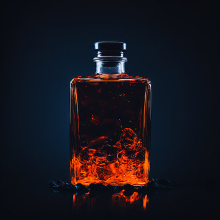 a bottle of alcohol with orange liquid in it on a black backgroundの素材