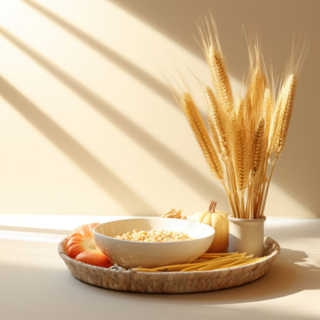 a bowl filled with wheat and other items on a tableの素材