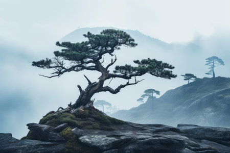 a bonsai tree on top of a mountain with fog in the backgroundの素材