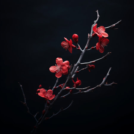 a branch with red flowers against a black backgroundの素材