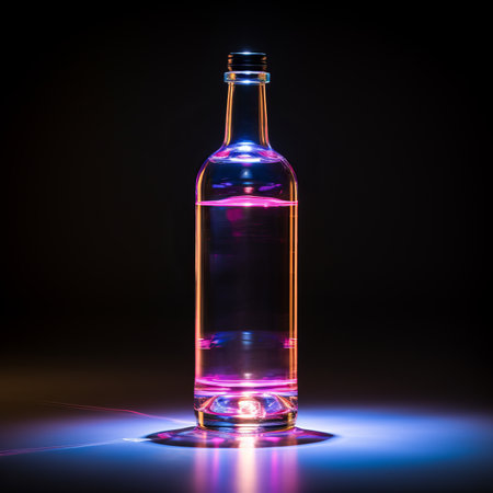 a bottle of alcohol lit up with blue and pink lightsの素材