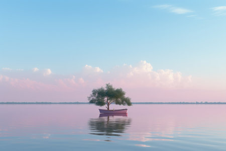 a boat with a lone tree floating in the middle of a lakeの素材