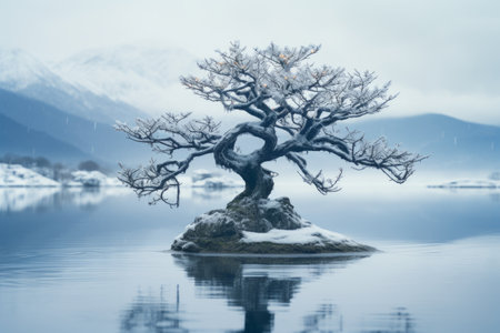 a bonsai tree on an island in the middle of a lakeの素材