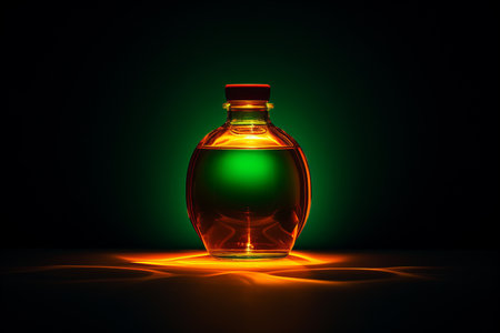 a bottle of green liquid sitting on a table in front of a green lightの素材