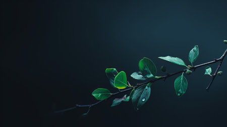 a branch with green leaves on a dark backgroundの素材