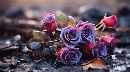 a bunch of purple roses laying on the groundの素材
