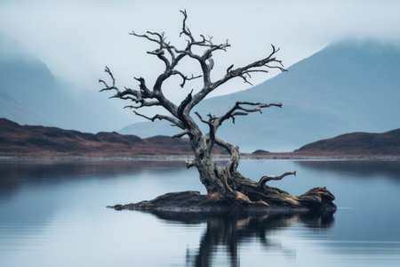 a dead tree in the middle of a lake with mountains in the backgroundの素材