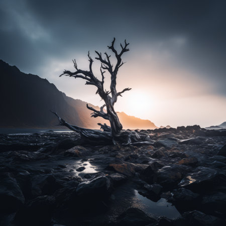 a dead tree on a rocky beach at sunsetの素材