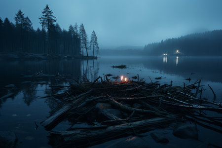 a candle is lit on a log in the middle of a lakeの素材