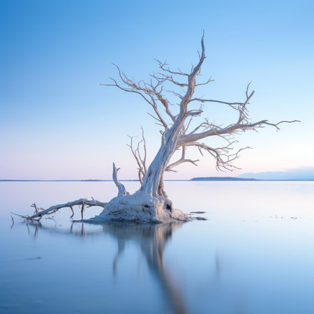 a dead tree in the middle of a lakeの素材