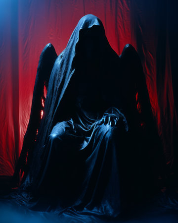 a dark figure in a black robe sitting in front of a red curtainの素材