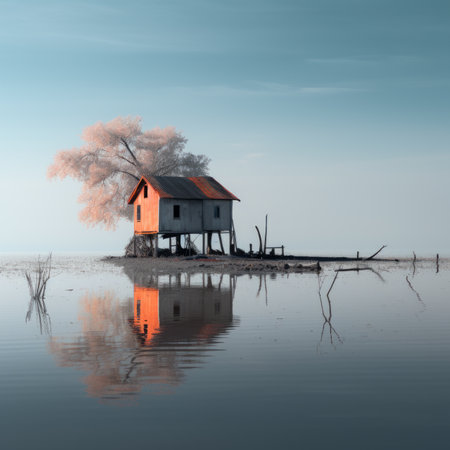 a house on an island in the middle of the waterの素材