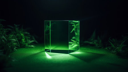 a green glass cube sitting on a grassy fieldの素材